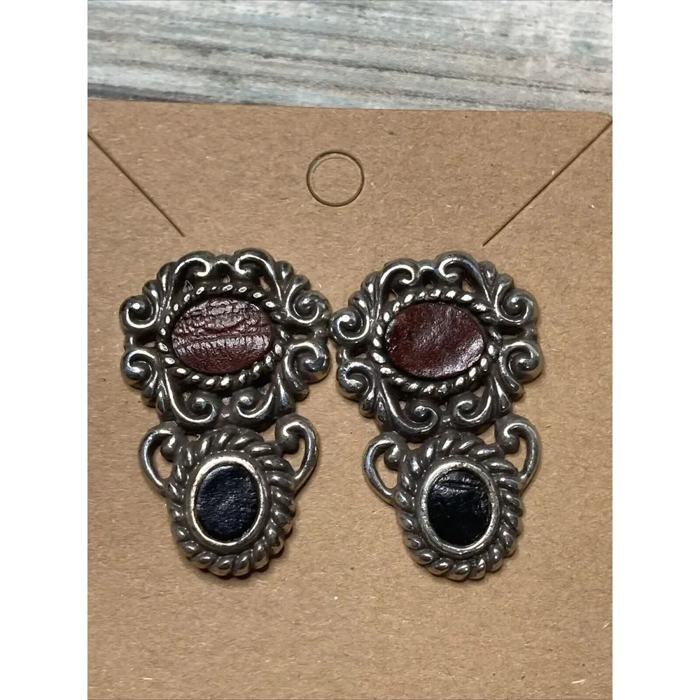 Brighton Retired Leather Black Brown EARRINGS Silver Tone‎
